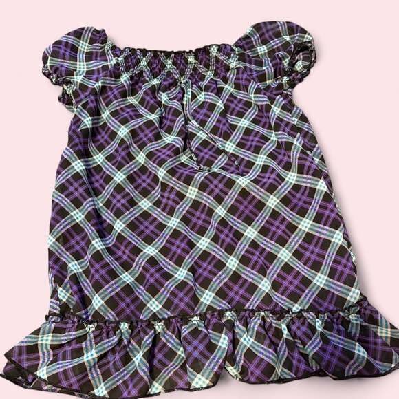 Speechless Tops - Speechless Plaid Babydoll Blouse, Purple and Teal Y2K Scene Top - Size L